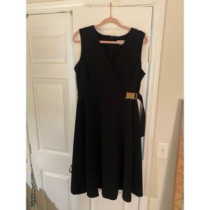 Calvin Klein Black Midi Dress with Gold Hardware, Size 12